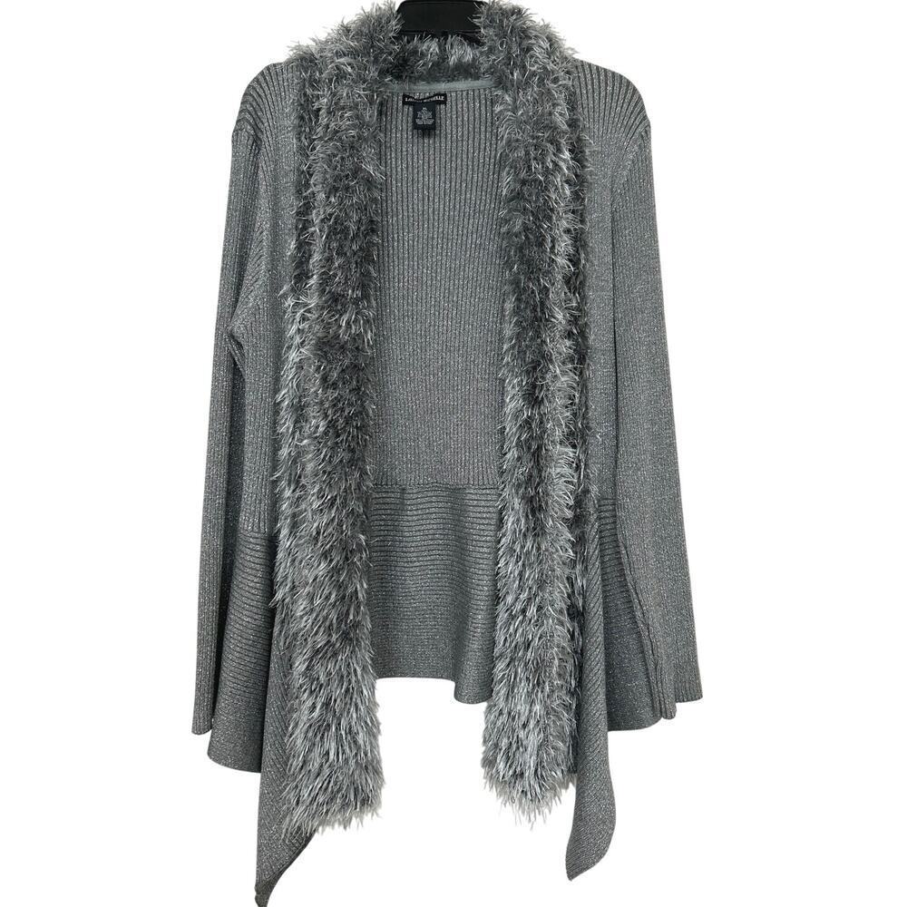 Lauren Michelle Metallic Knit Open Front Cardigan XL Gray/Silver Faux Fur Trim